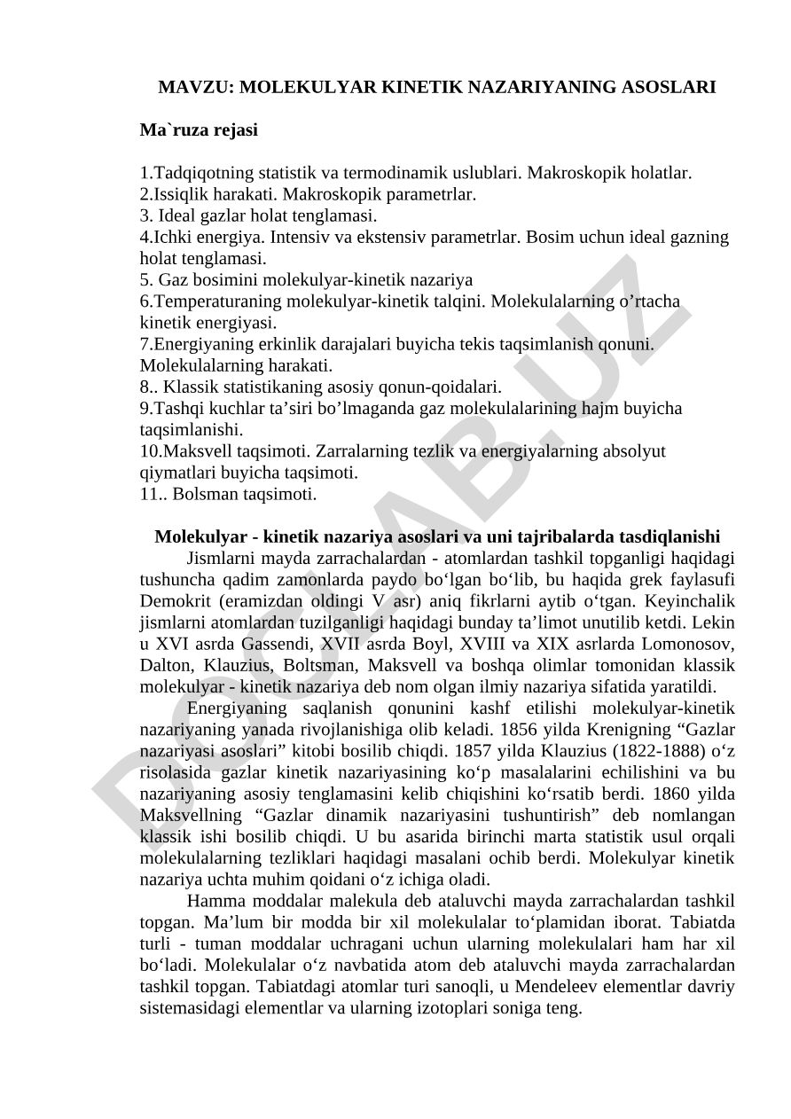 MOLEKULYAR KINETIK NAZARIYANING ASOSLARI
