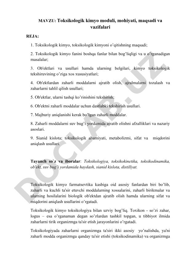 Toksikologik kimyo moduli, mohiyati, maqsadi va vazifalari
