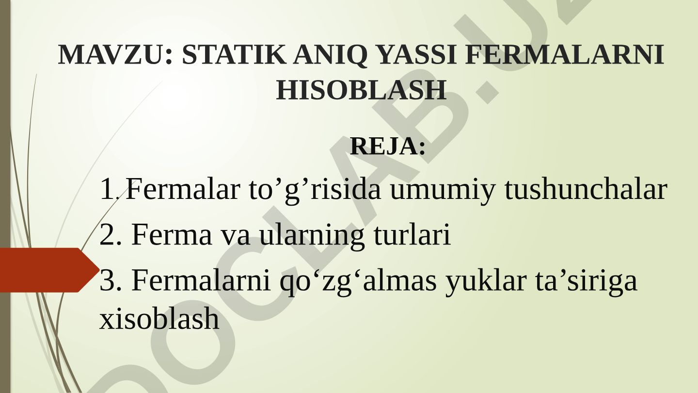 Statik aniq yassi fermaning hisoblash rejasi