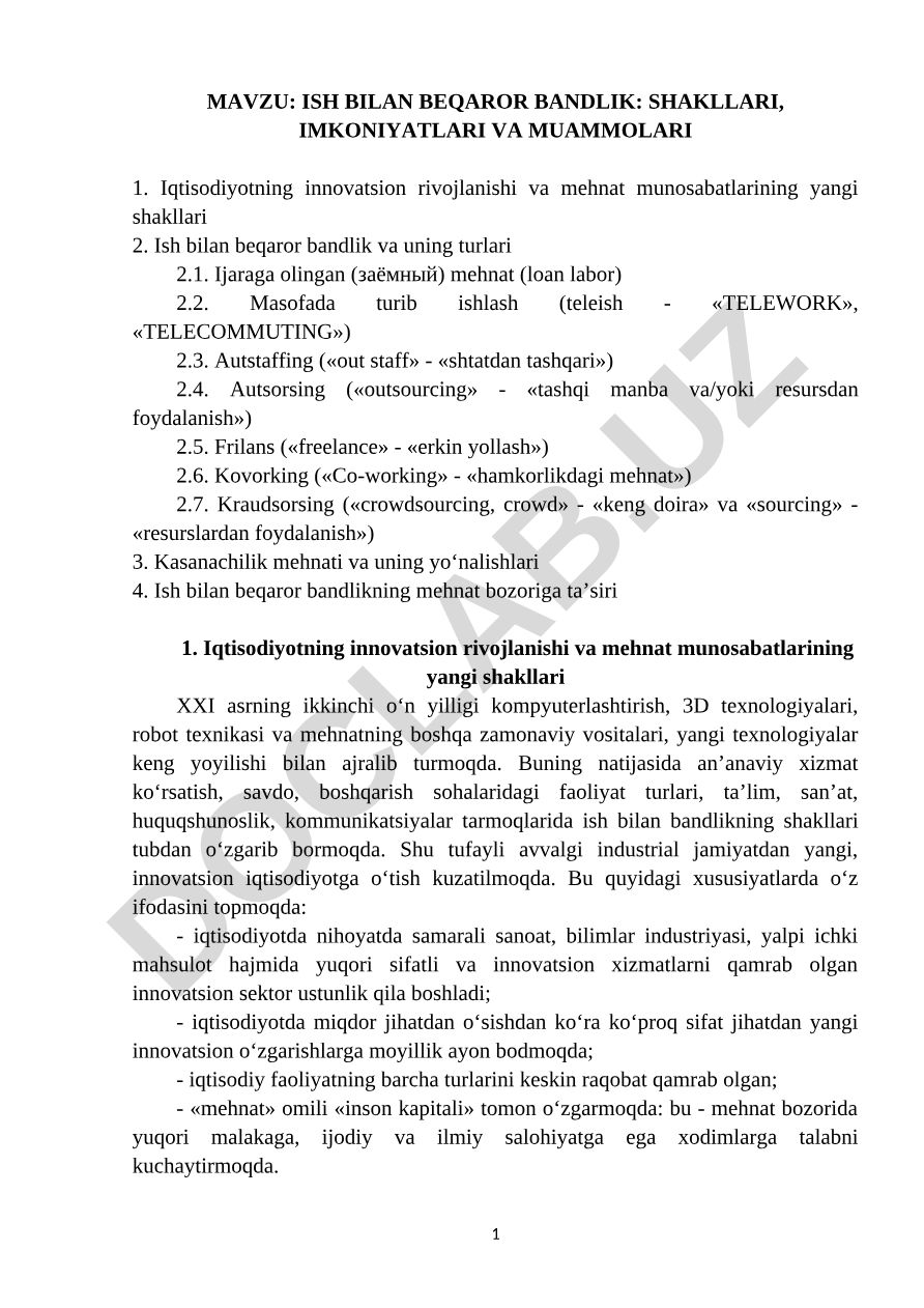 ISH BILAN BEQAROR BANDLIK: SHAKLLARI, IMKONIYATLARI VA MUAMMOLARI