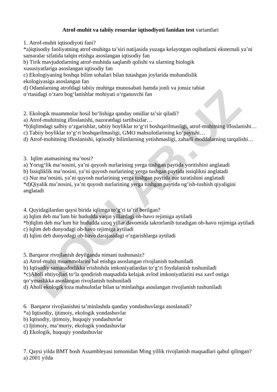 Atrof-muhit va tabiiy resurslar iqtisodiyoti fanidan test variantlari