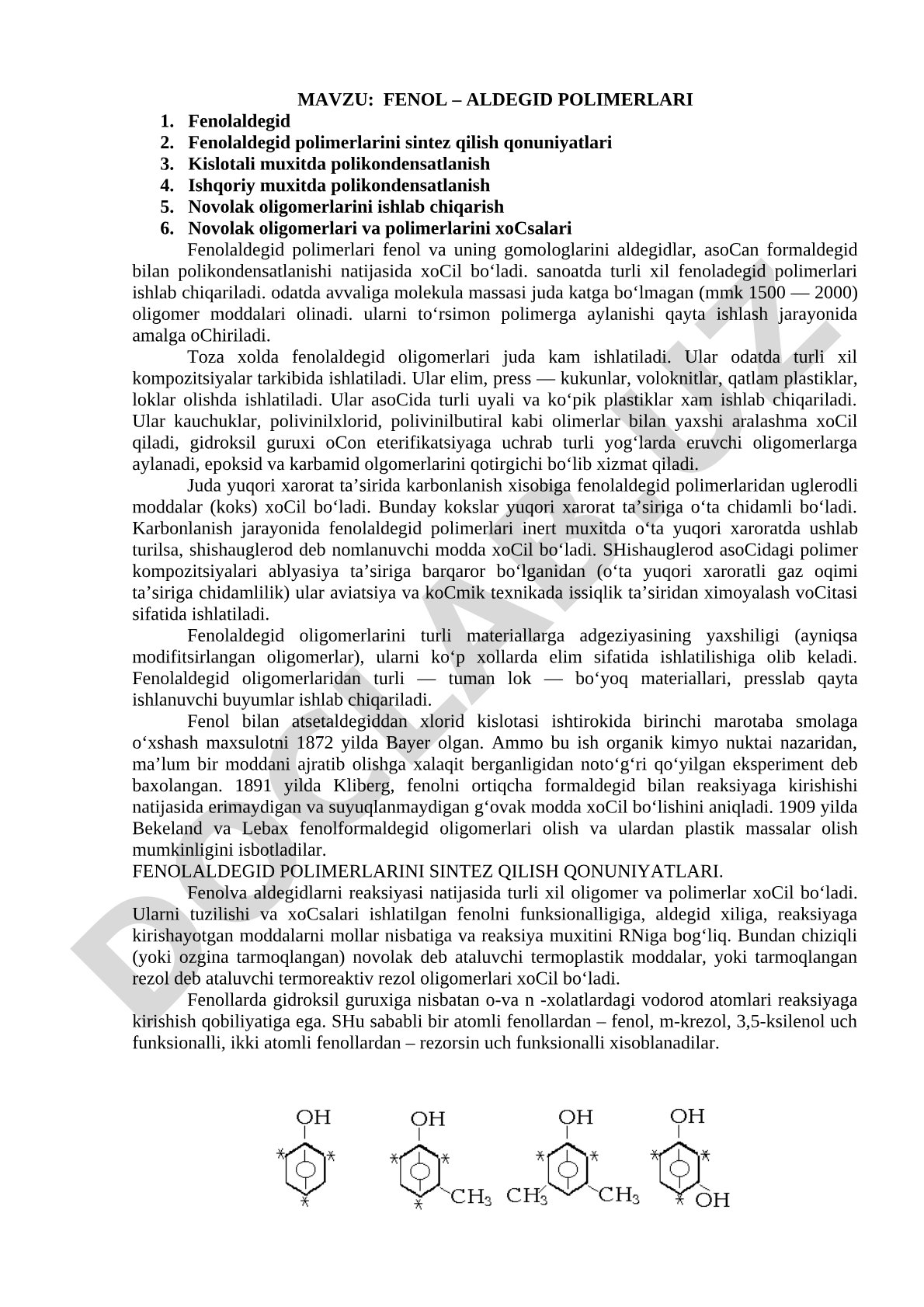 Fenol-aldegid polimerlari kurs ishi