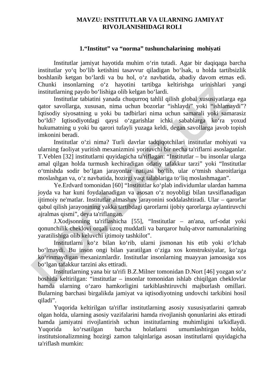 Institutlar va ularning jamiyat rivojlanishidagi roli