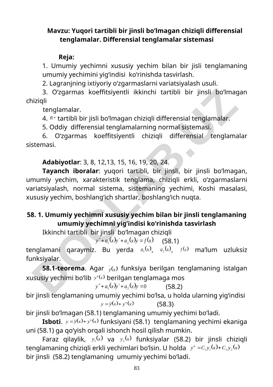 Yuqori tartibli bir jinsli bo'lmagan chiziqli differensial tenglamalar. Differensial tenglamalar sistemasi