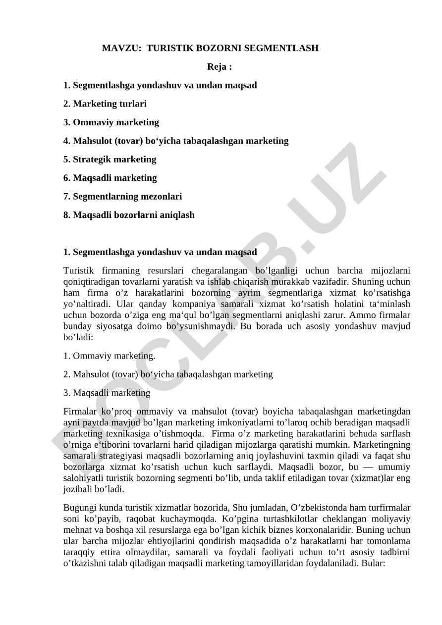TURISTIK BOZORNI SEGMENTLASH