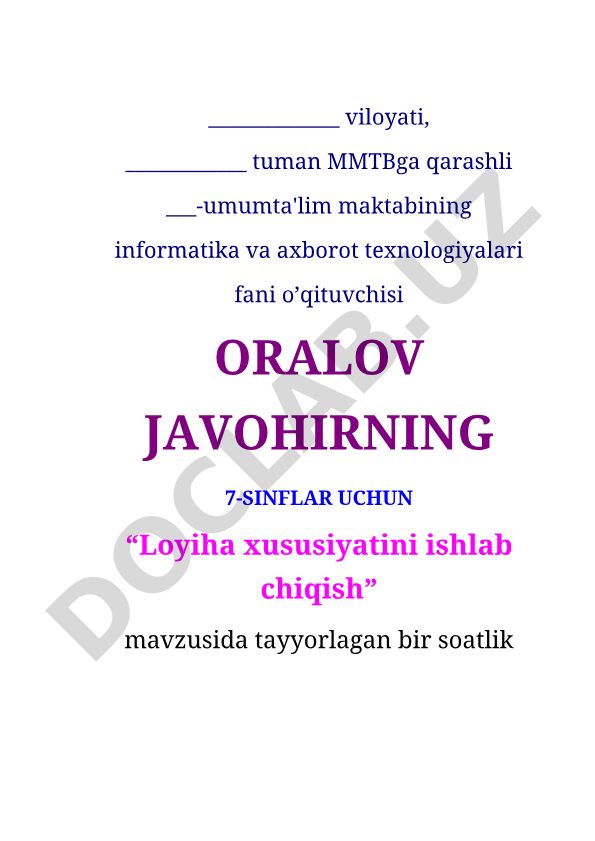 Loyiha xususiyatini ishlab chiqish