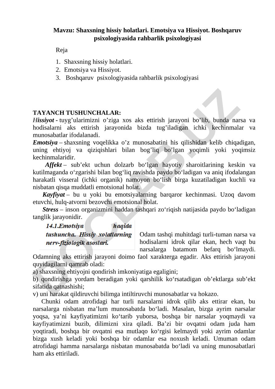 Shaxsning hissiy holatlari. Emotsiya va Hissiyot. Boshqaruv psixologiyasida rahbarlik psixologiyasi