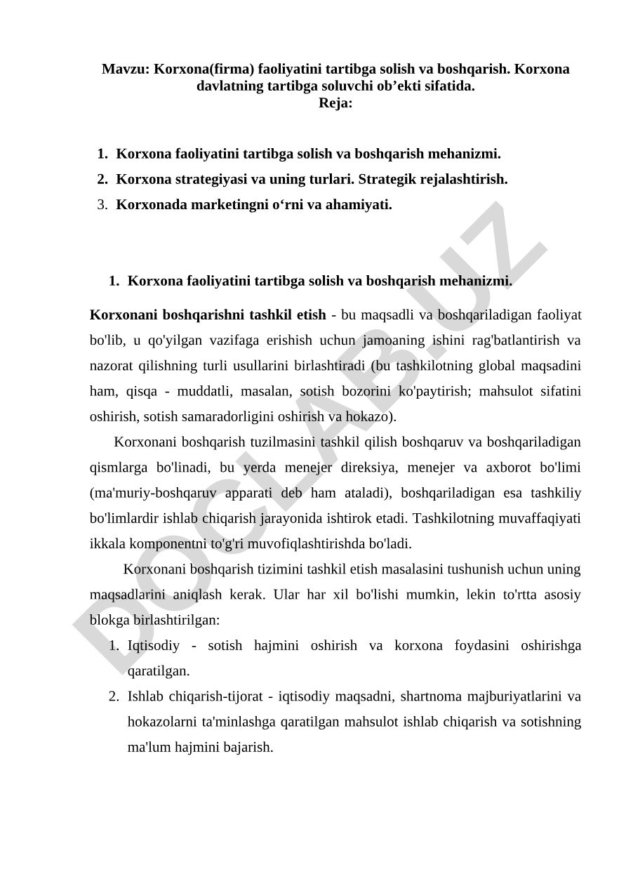 Korxona(firma) faoliyatini tartibga solish va boshqarish. Korxona davlatning tartibga soluvchi ob’ekti sifatida