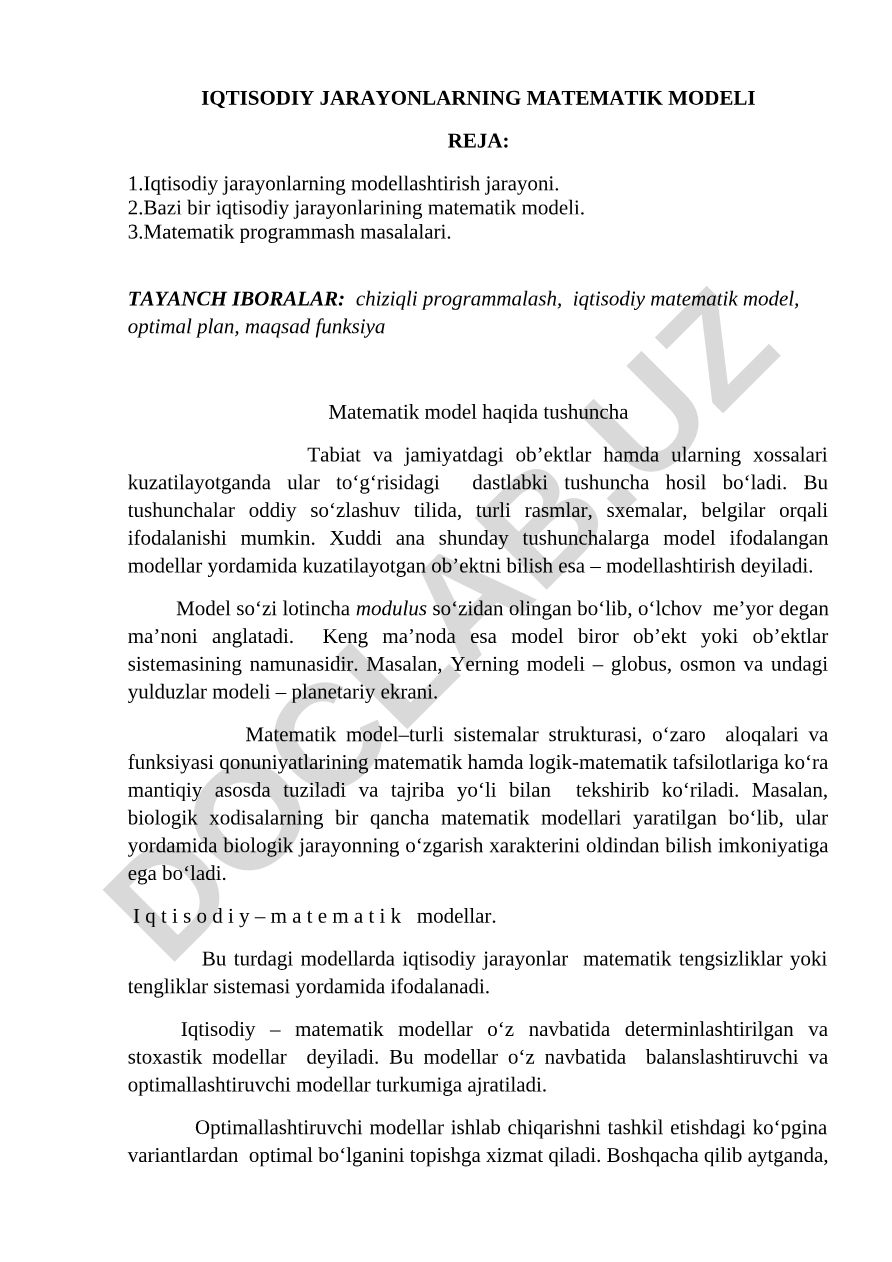 Iqtisodiy jarayonlarning matematik modeli