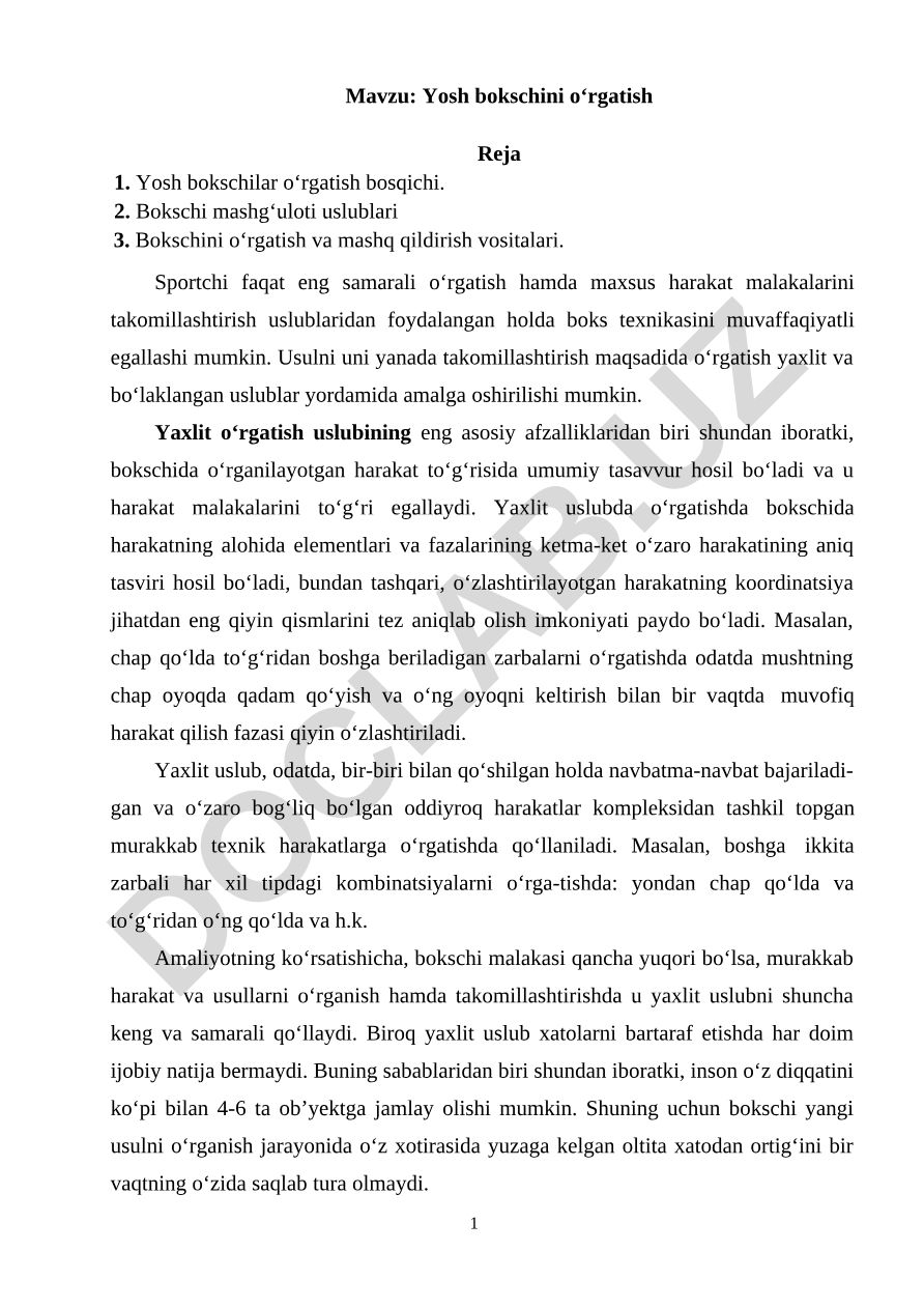 Yosh bokschini o‘rgatish Reja
