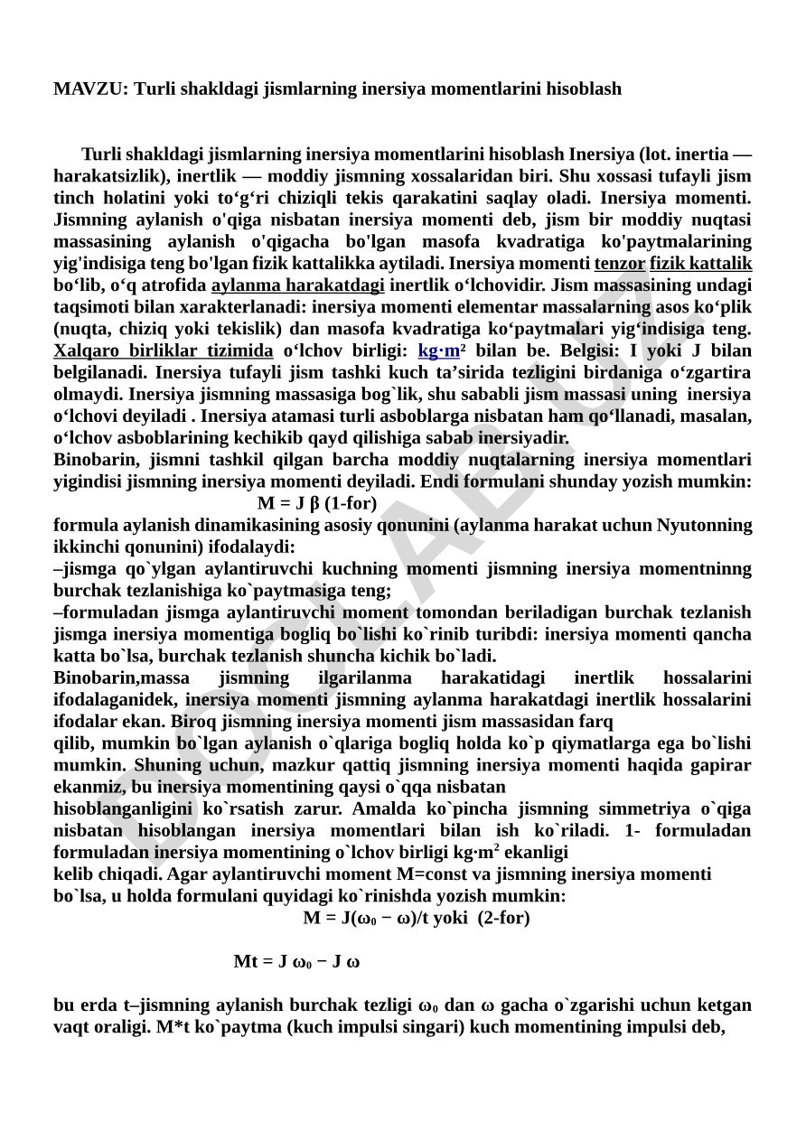 Turli shakldagi jismlarning inersiya momentlarini hisoblash