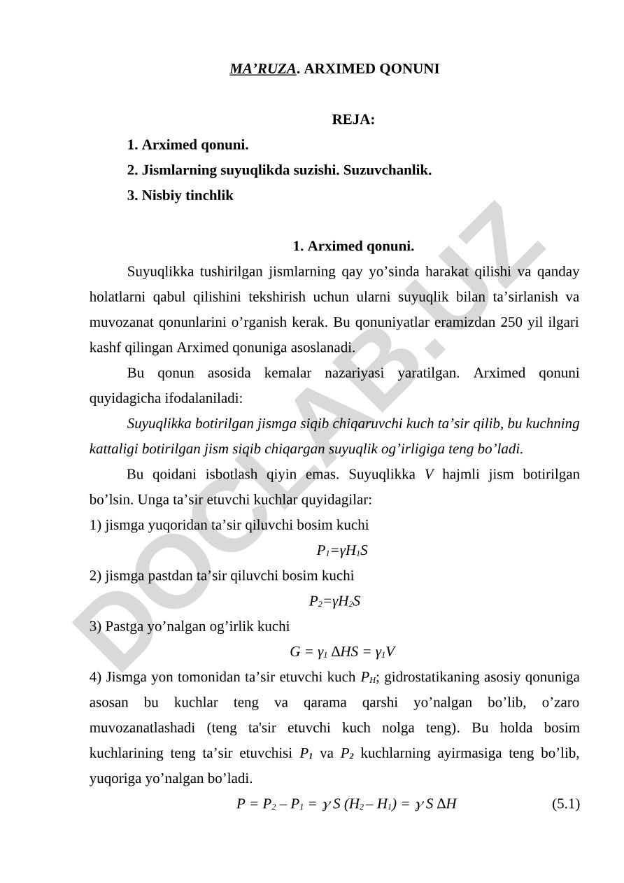 Arximed qonuni va jismlarning suyuqlikda suzishi