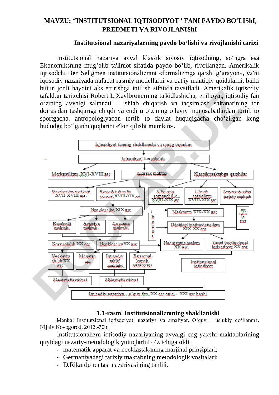 “Institutsional iqtisodiyot” fani paydo bo‘lishi, predmeti va rivojlanishi
