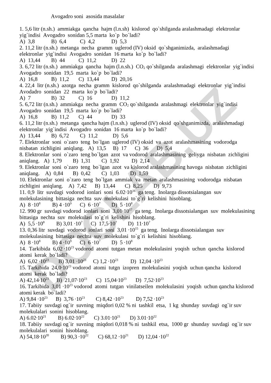 Avogadro soni asosida masalalar