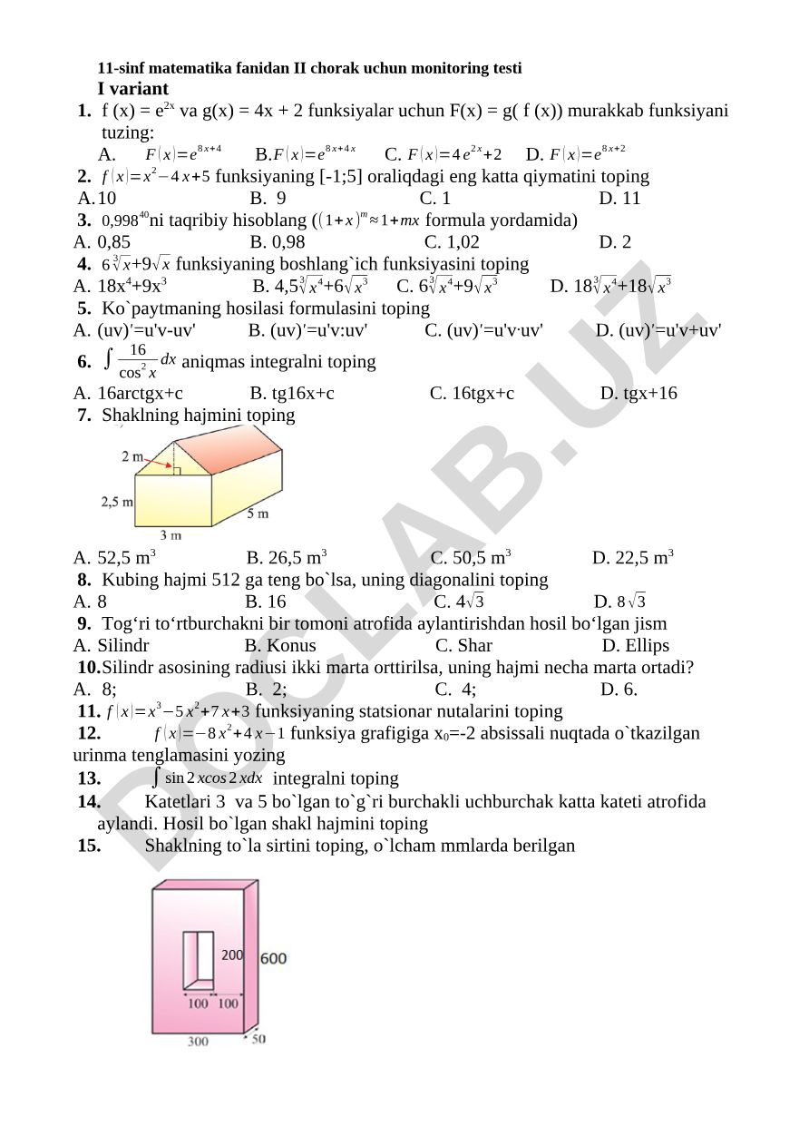 11-sinf matematika fanidan II chorak uchun monitoring testi