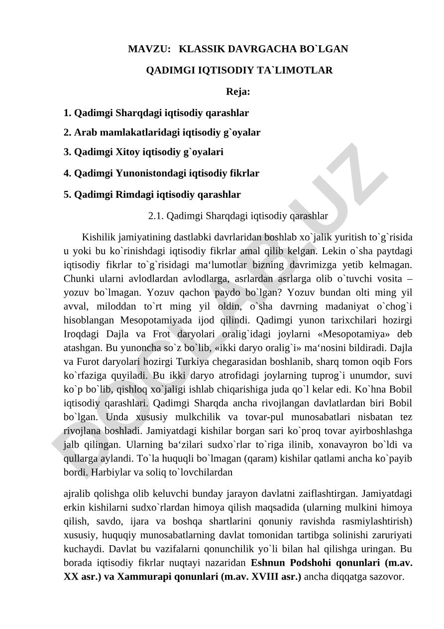 KLASSIK DAVRGACHA BO`LGAN QADIMGI IQTISODIY TA`LIMOTLAR