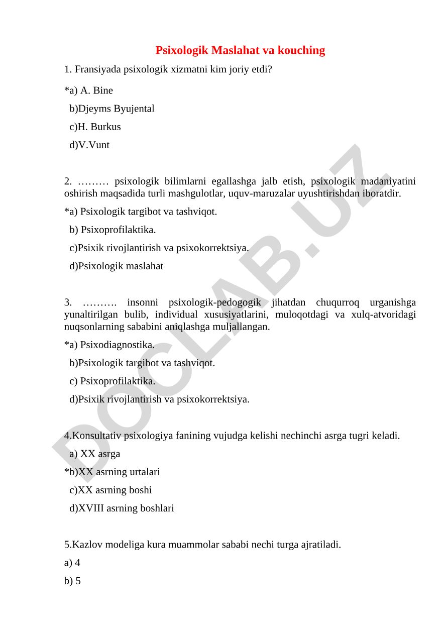 Psixologik maslahat va kouching test savollari