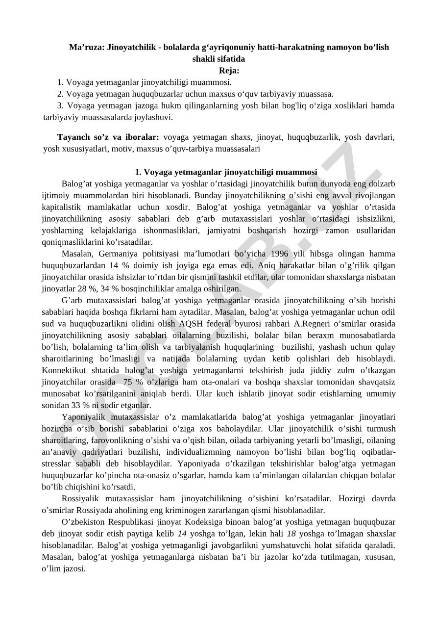 Jinoyatchilik - bolalarda g‘ayriqonuniy hatti-harakatning namoyon bo’lish shakli sifatida
