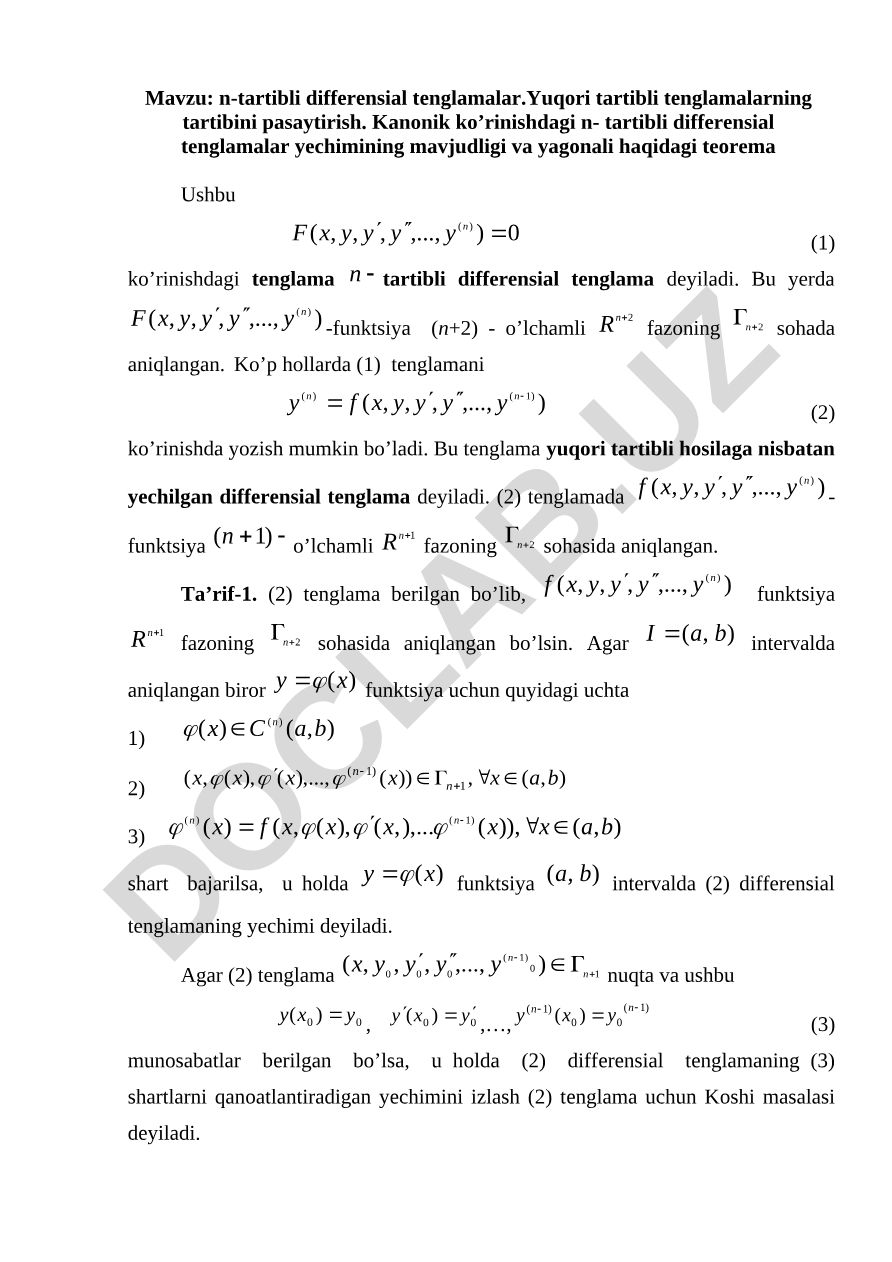 n-tartibli differensial tenglamalar