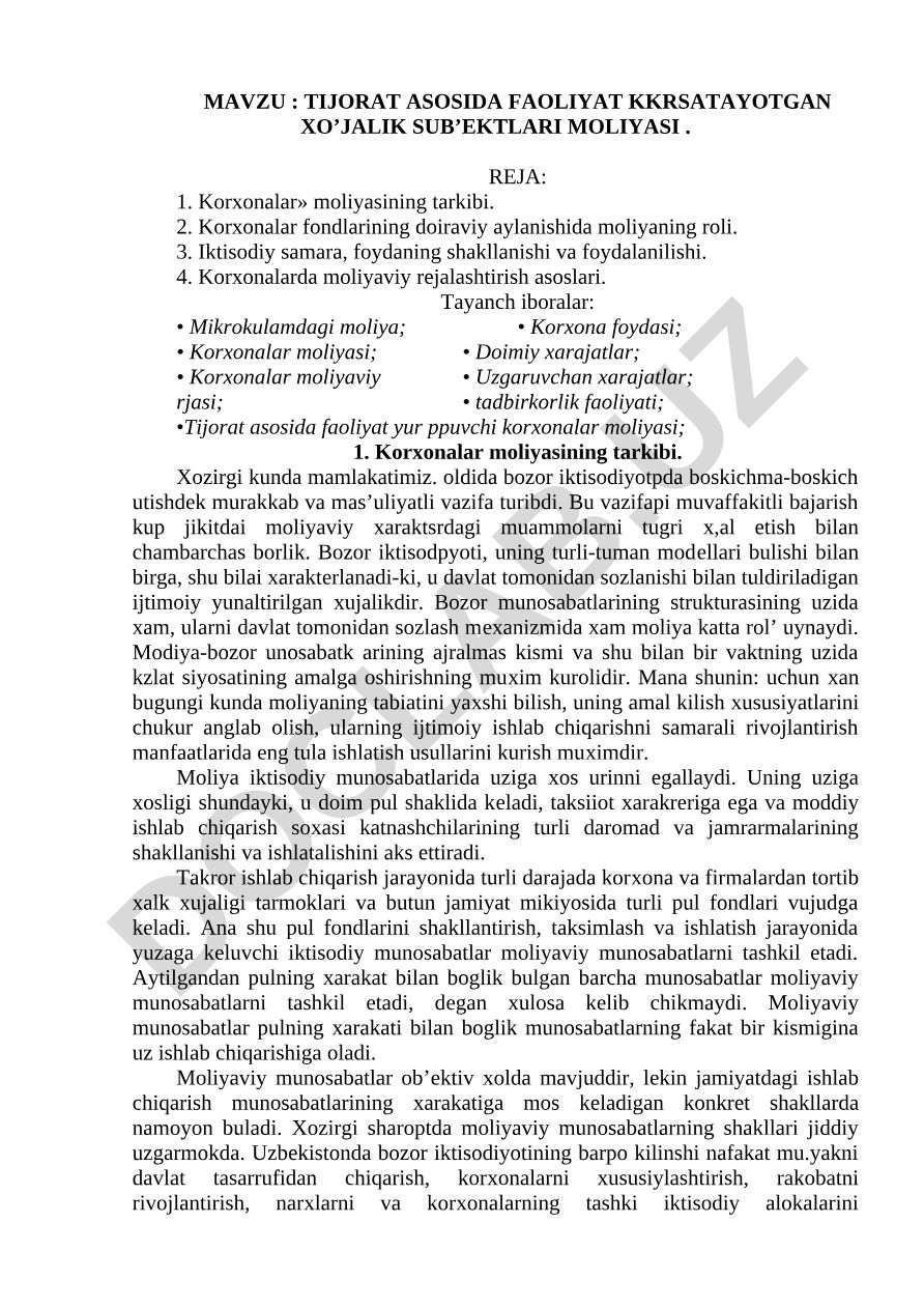 Tijorat asosida faoliyat ko'rsatayotgan xo'jalik sub'ektlari moliyasi
