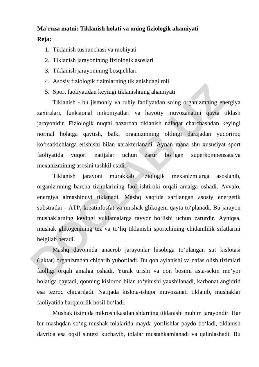 Tiklanish holati va uning fiziologik ahamiyati