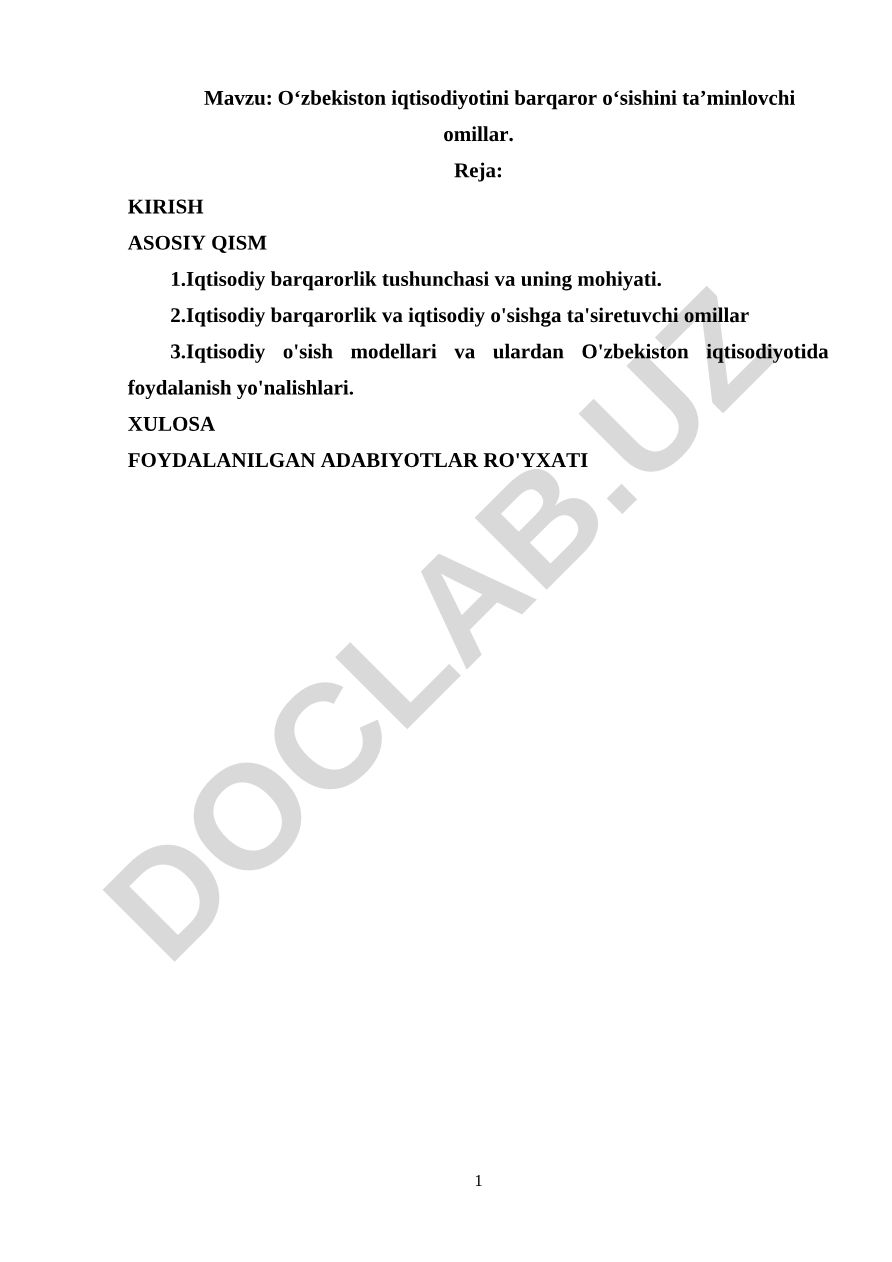 Oʻzbekiston iqtisodiyotini barqaror oʻsishini taʼminlovchi omillar