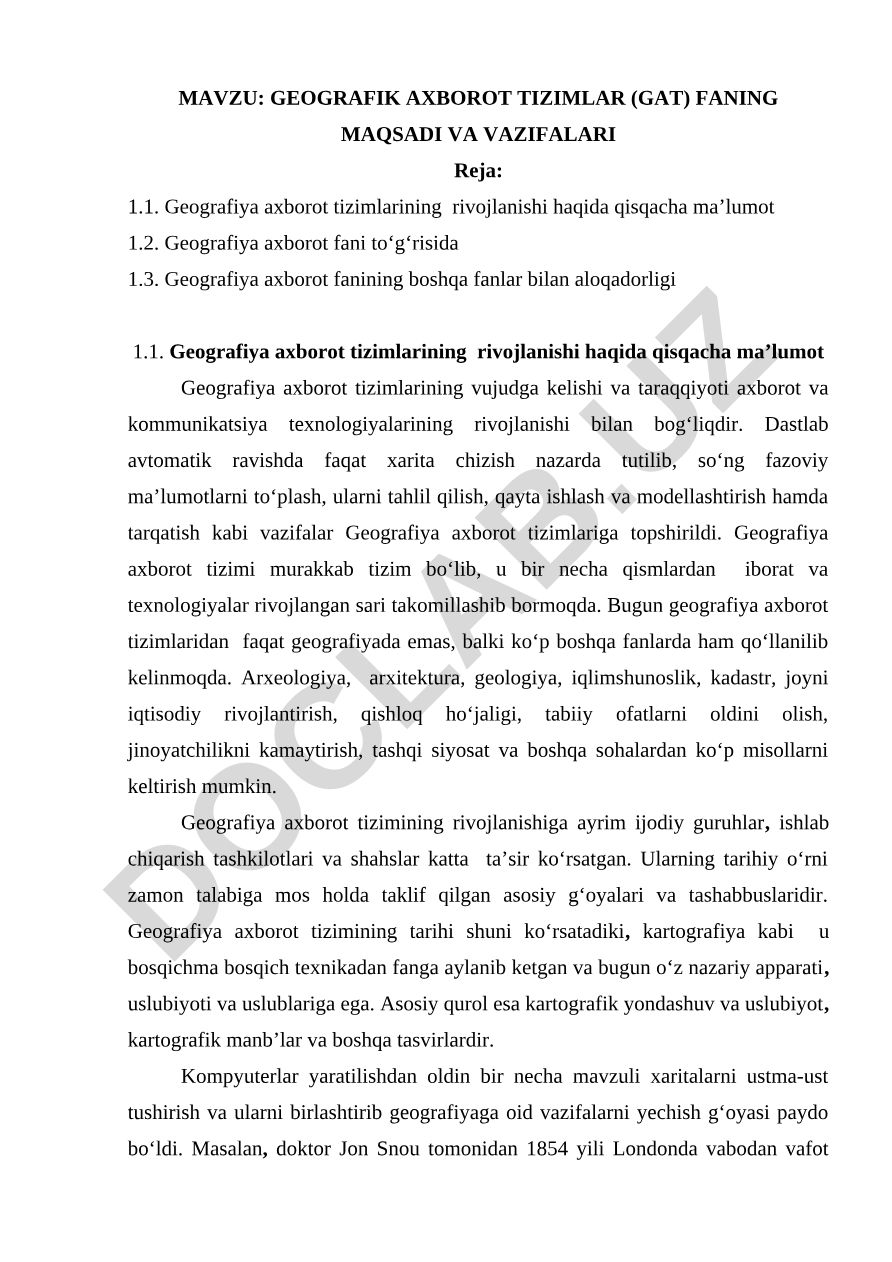 Geografik axborot tizimlari (GAT) fanining maqsadi va vazifalari