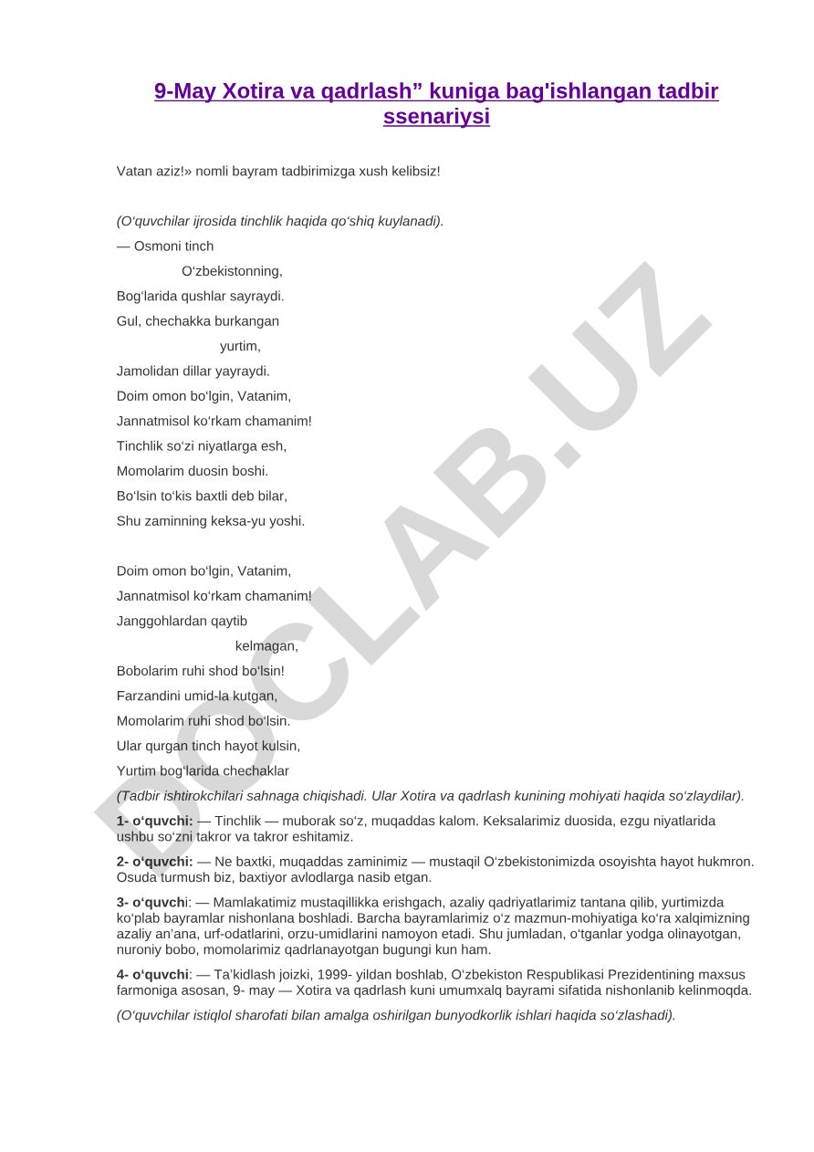 9-May Xotira va qadrlash kuniga bag'ishlangan tadbir ssenariysi