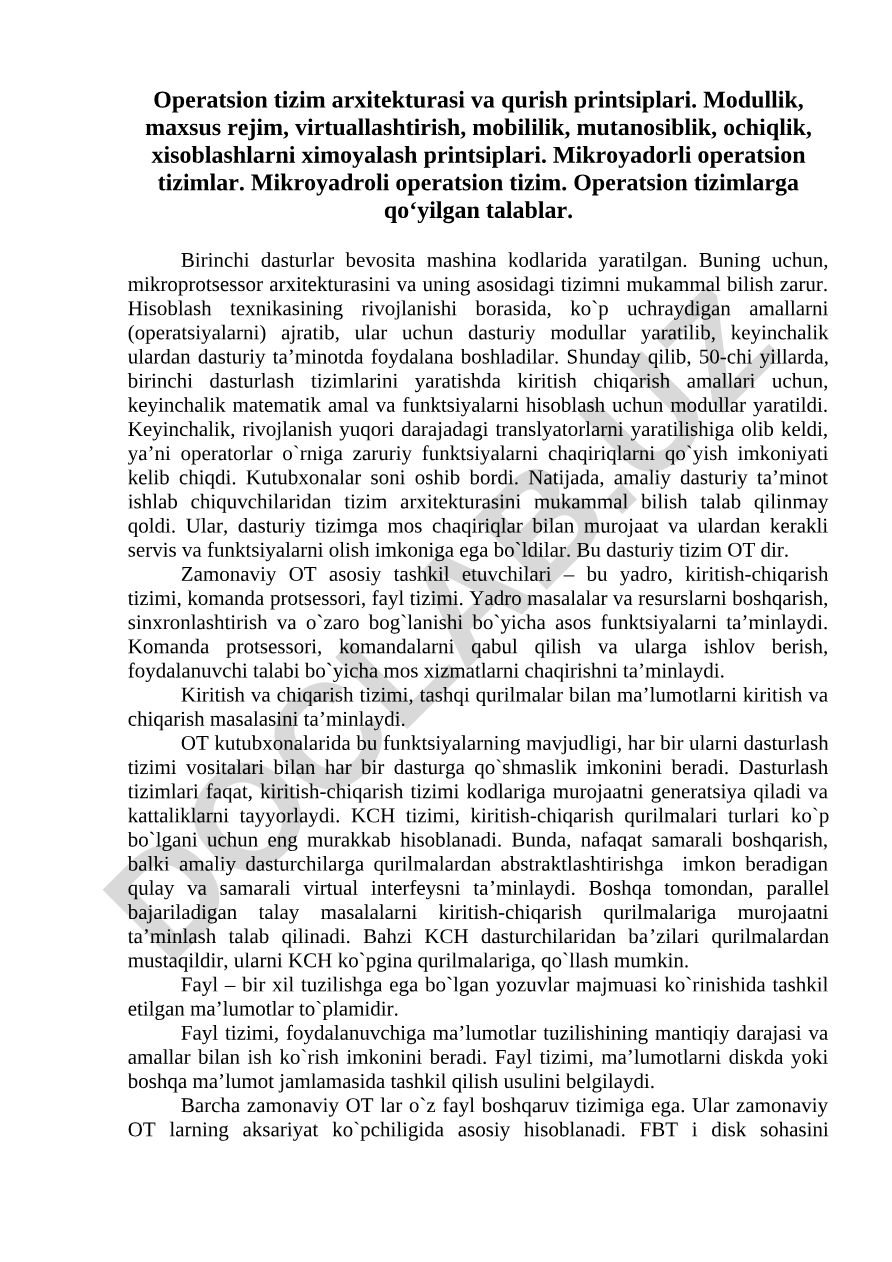 Operatsion tizim arxitekturasi va qurish printsiplari