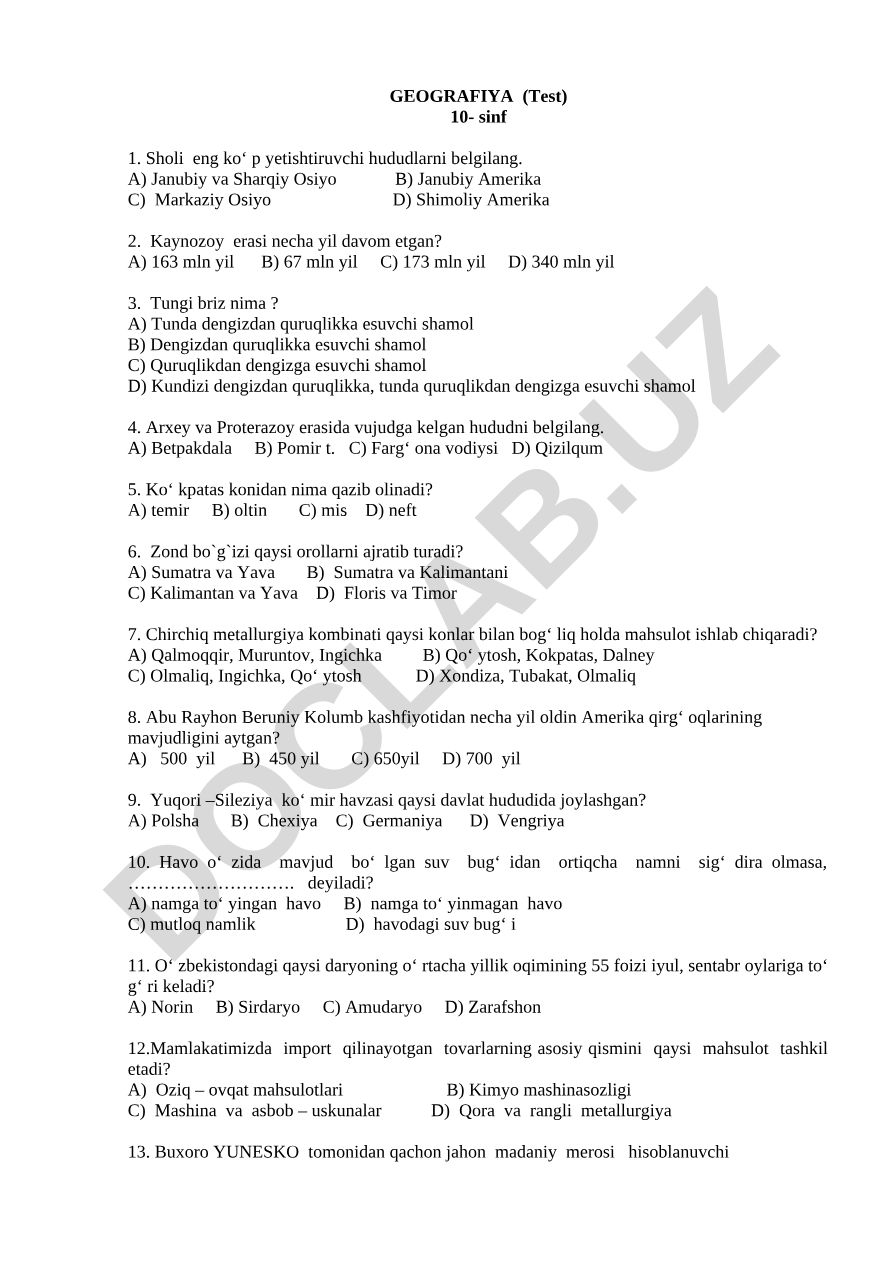 Geografiya fanidan 10-sinf uchun test savollari