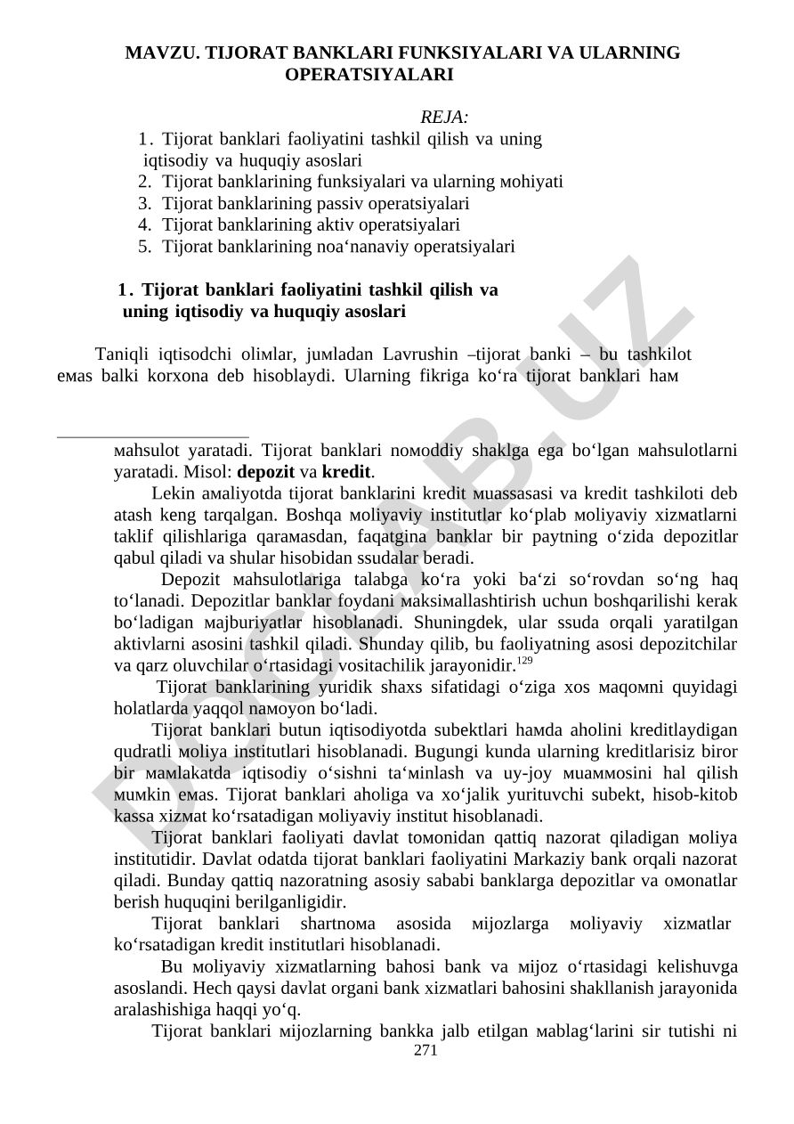 Tijorat banklari funksiyalari va ularning operatsiyalari