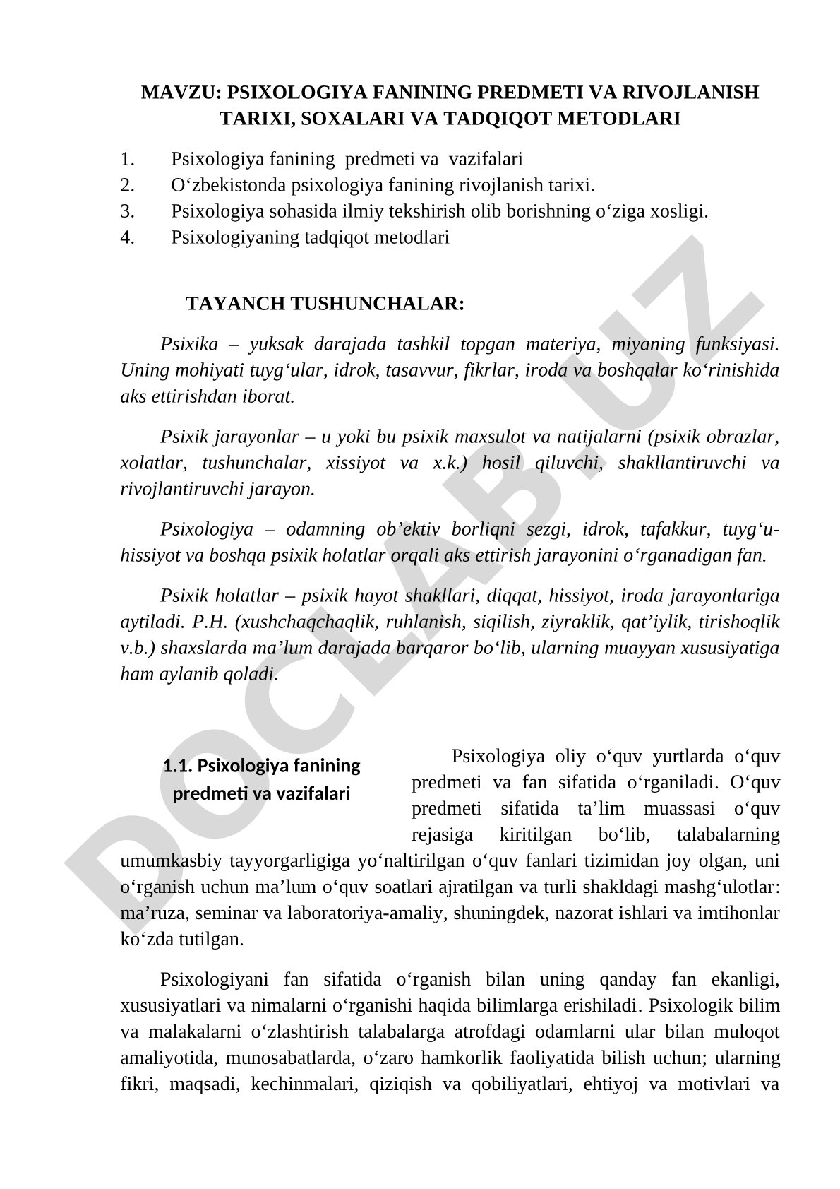 Psixologiya fanining predmeti va rivojlanish tarixi, sohalari va tadqiqot metodlari