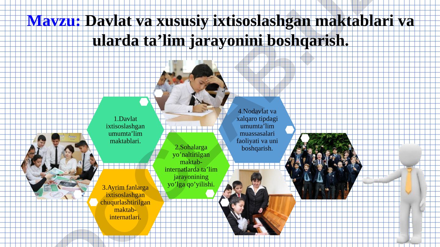 Davlat va xususiy ixtisoslashgan maktablari va ularda ta’lim jarayonini boshqarish