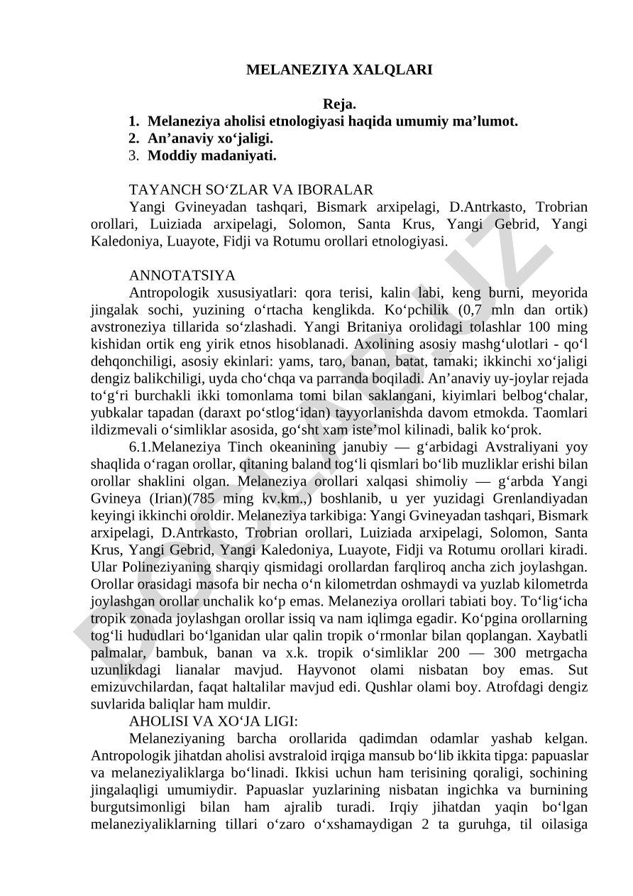 Melaneziya xalqlari etnologiyasi va an'anaviy xo'jaligi