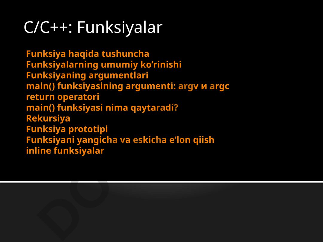 C/C++ dasturlash tillarida funksiyalar