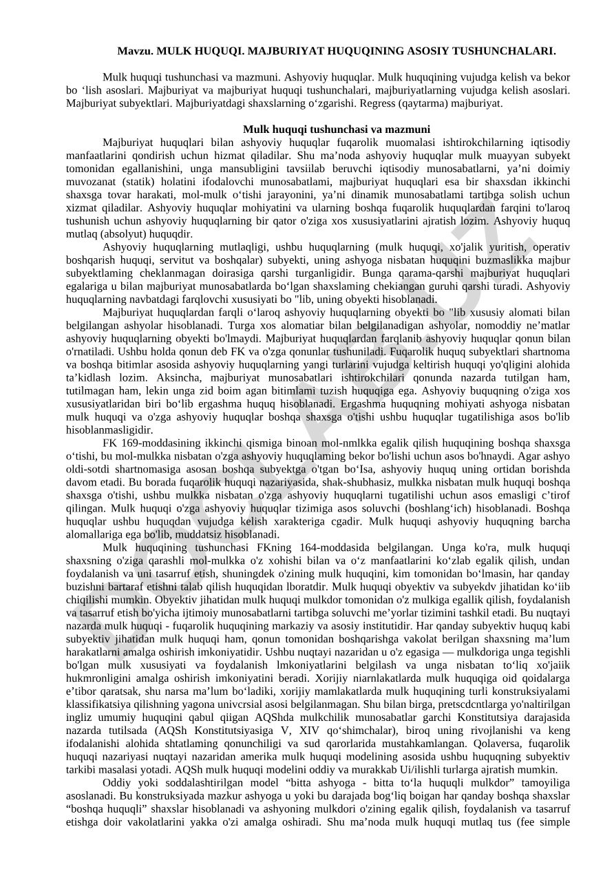 MULK HUQUQI. MAJBURIYAT HUQUQINING ASOSIY TUSHUNCHALARI