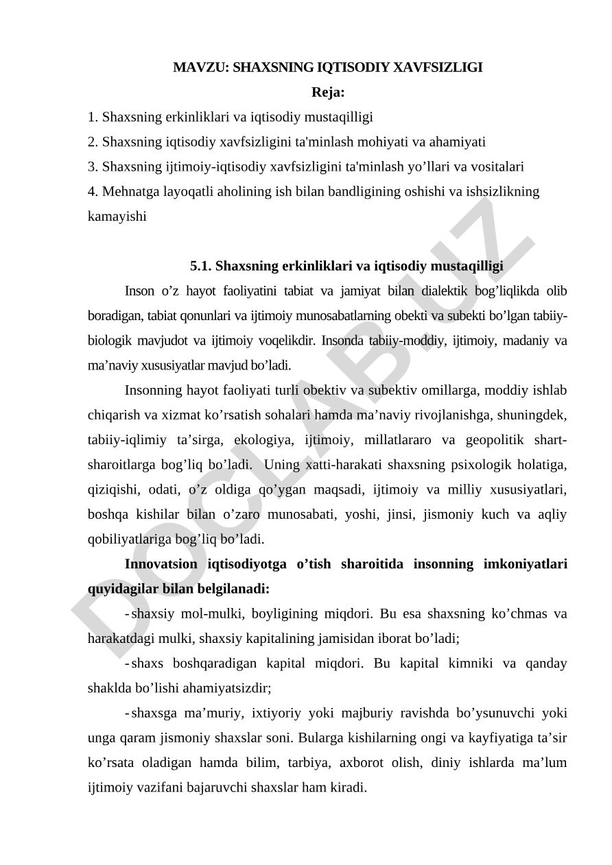 SHAXSNING IQTISODIY XAVFSIZLIGI