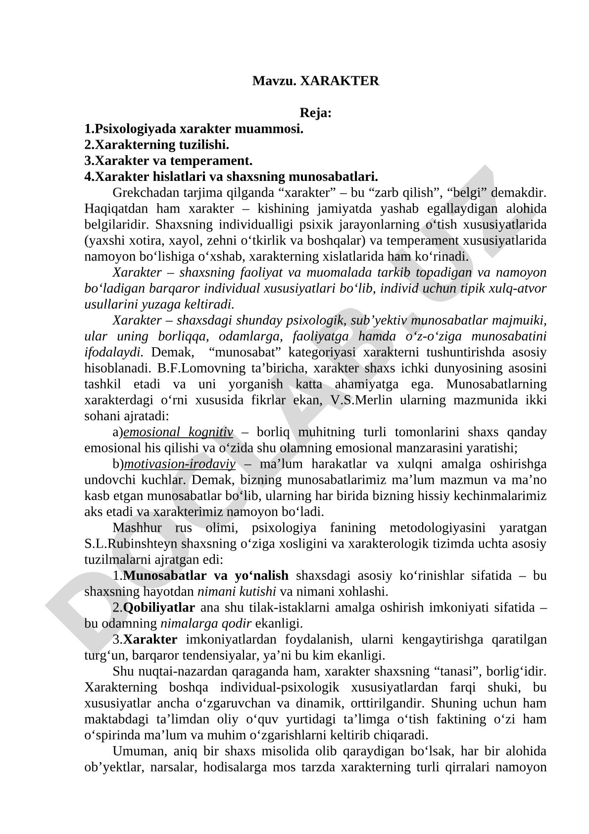 Xarakter muammosi va tuzilishi
