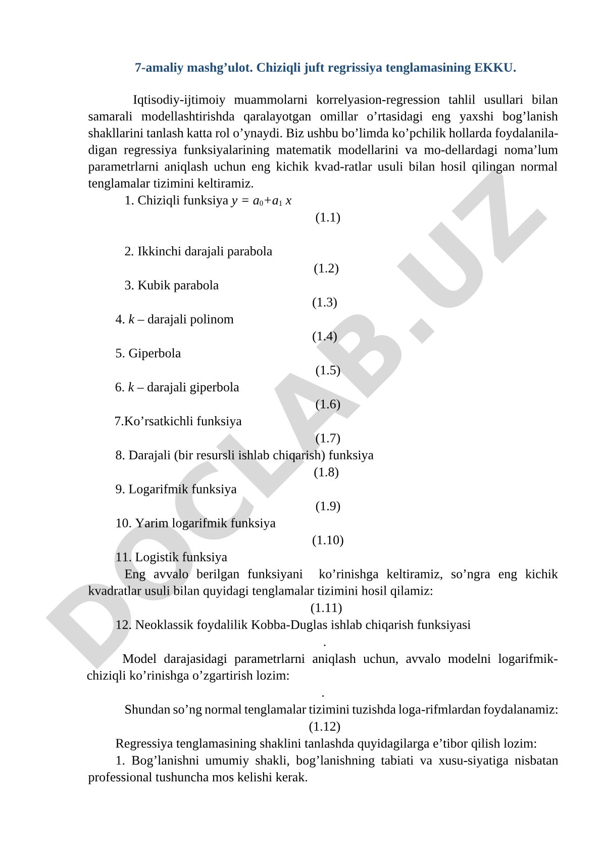 Chiziqli juft regressiya tenglamasining EKKU
