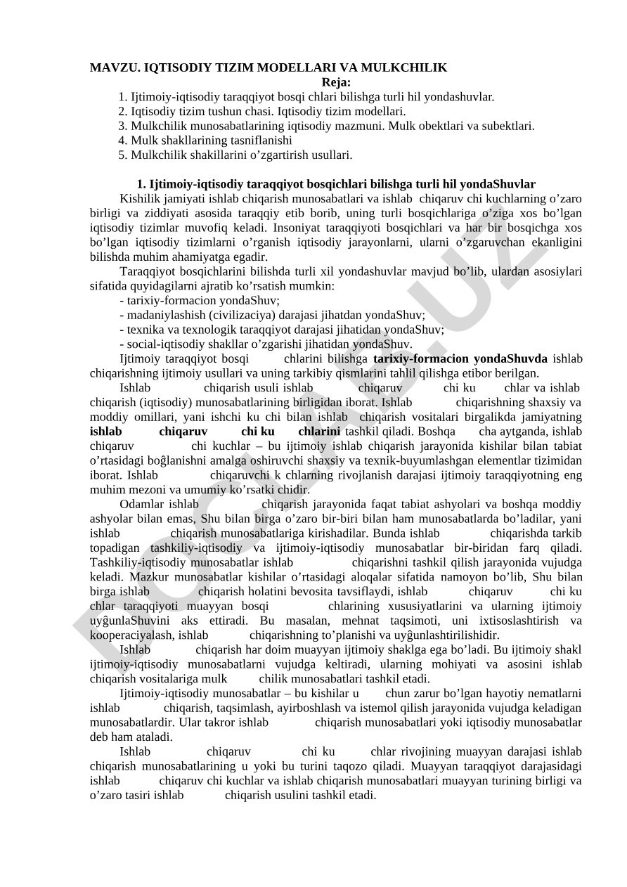 Iqtisodiy tizim modellari va mulkchilik