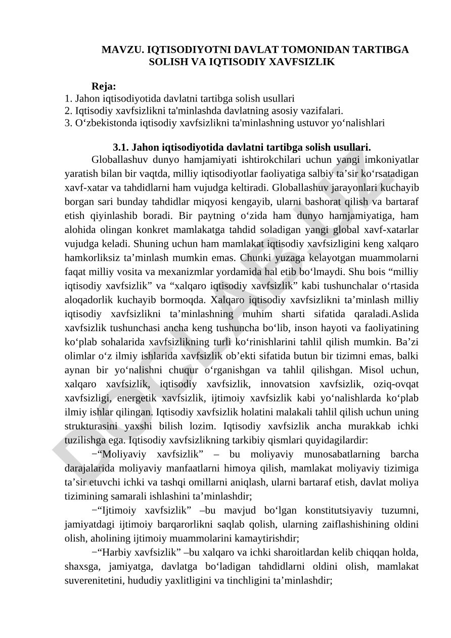 Iqtisodiyotni davlat tomonidan tartibga solish va iqtisodiy xavfsizlik