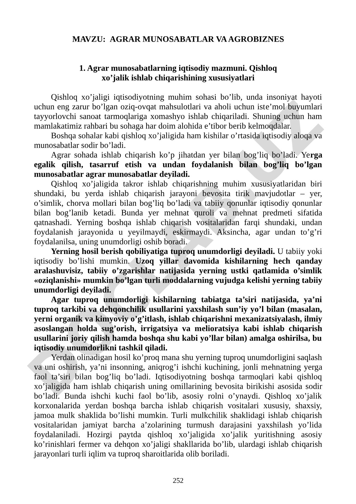 Agrar munosabatlarning iqtisodiy mazmuni va qishloq xo'jaligi ishlab chiqarishining xususiyatlari