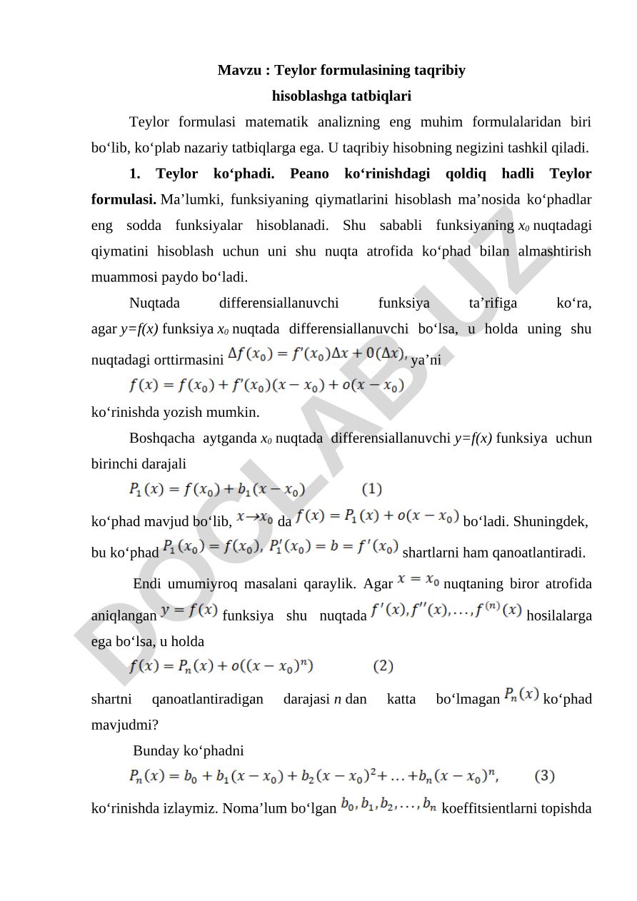 Teylor formulasining taqribiy hisoblashga tatbiqlari