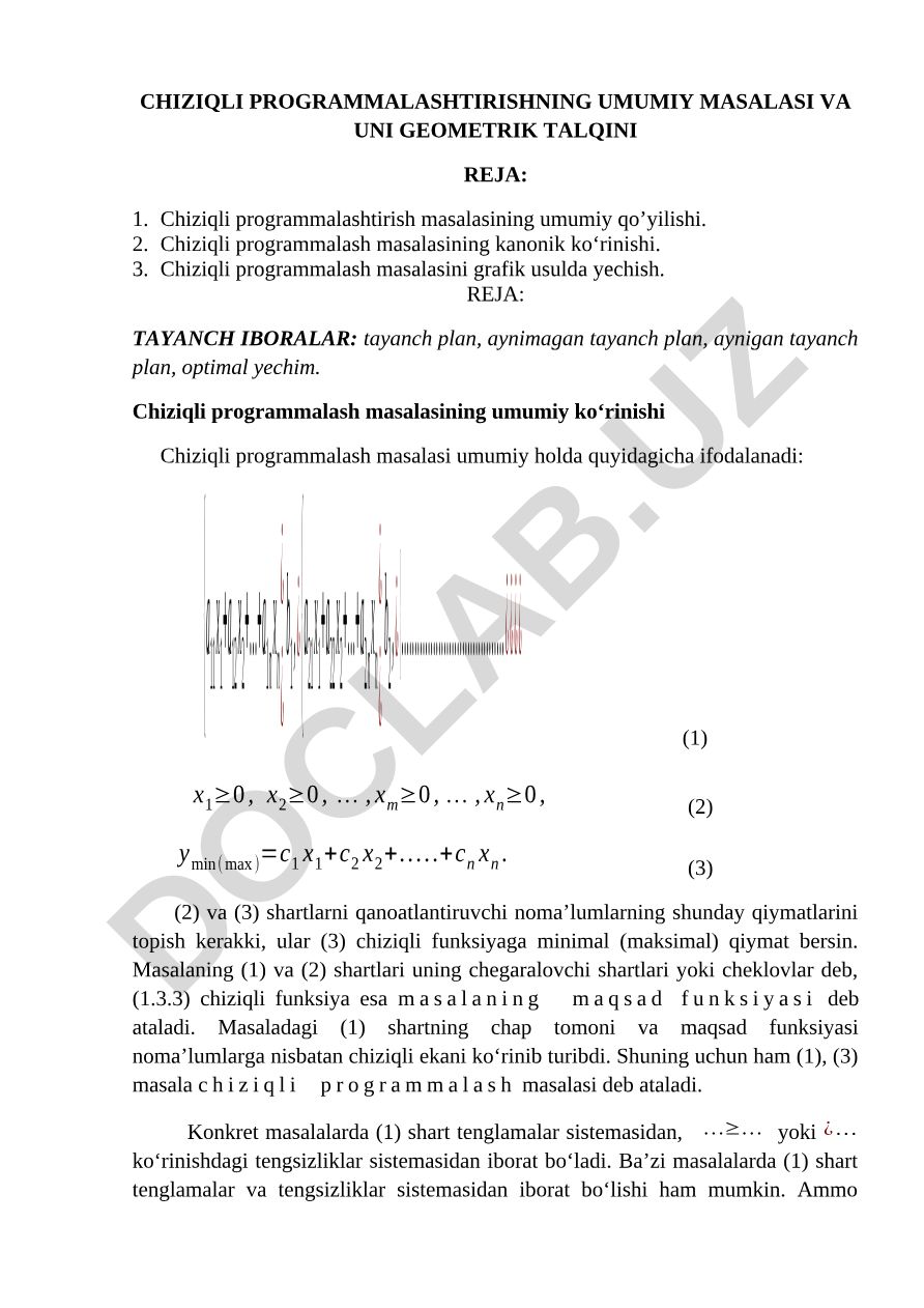 Chiziqli programmalashtirishning umumiy masalasi va uni geometrik talqini