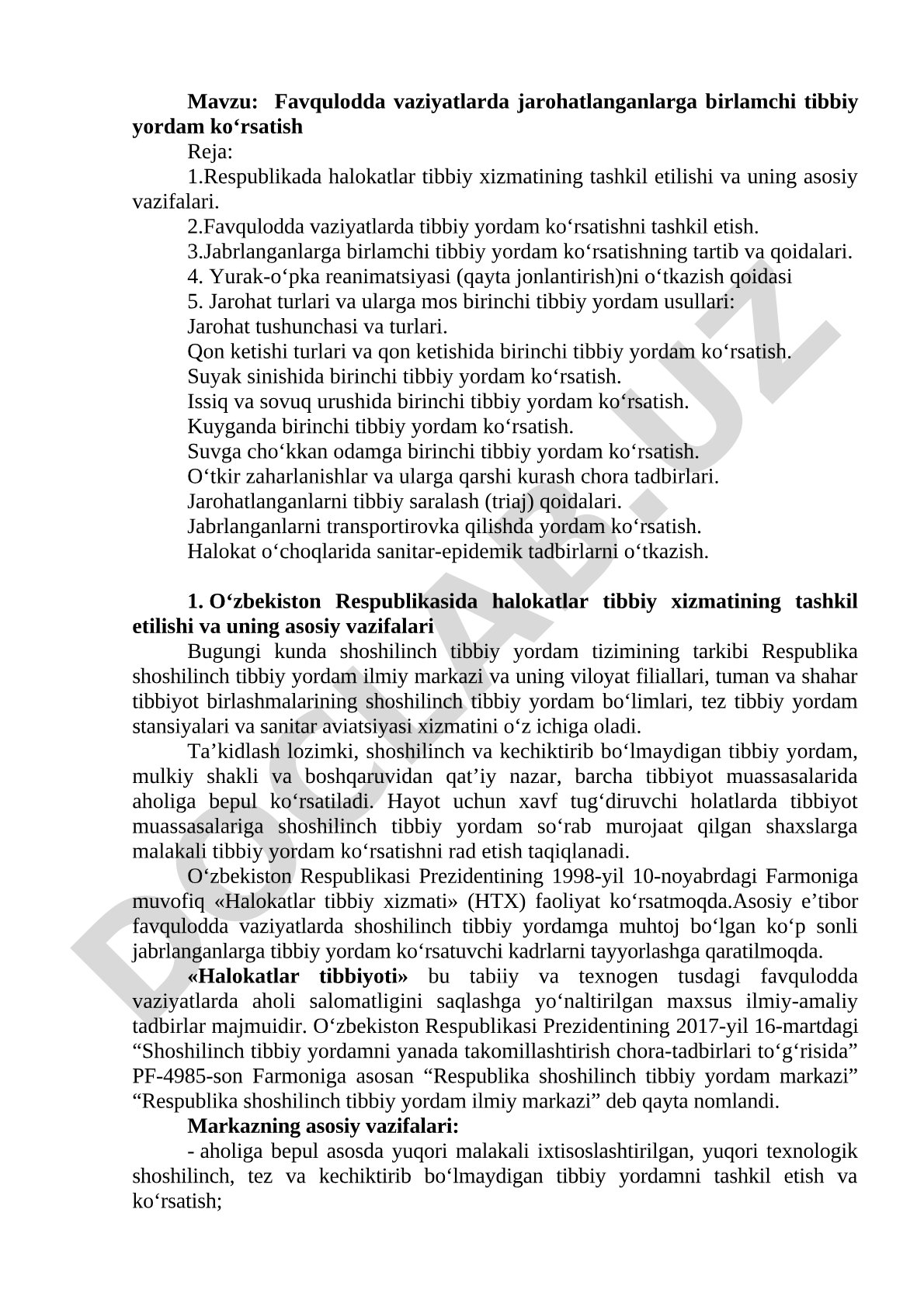 Favqulodda vaziyatlarda tibbiy yordam rejasi