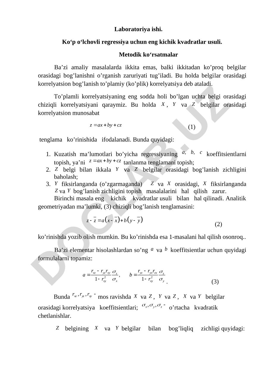 Ko‘p o‘lchovli regressiya uchun eng kichik kvadratlar usuli