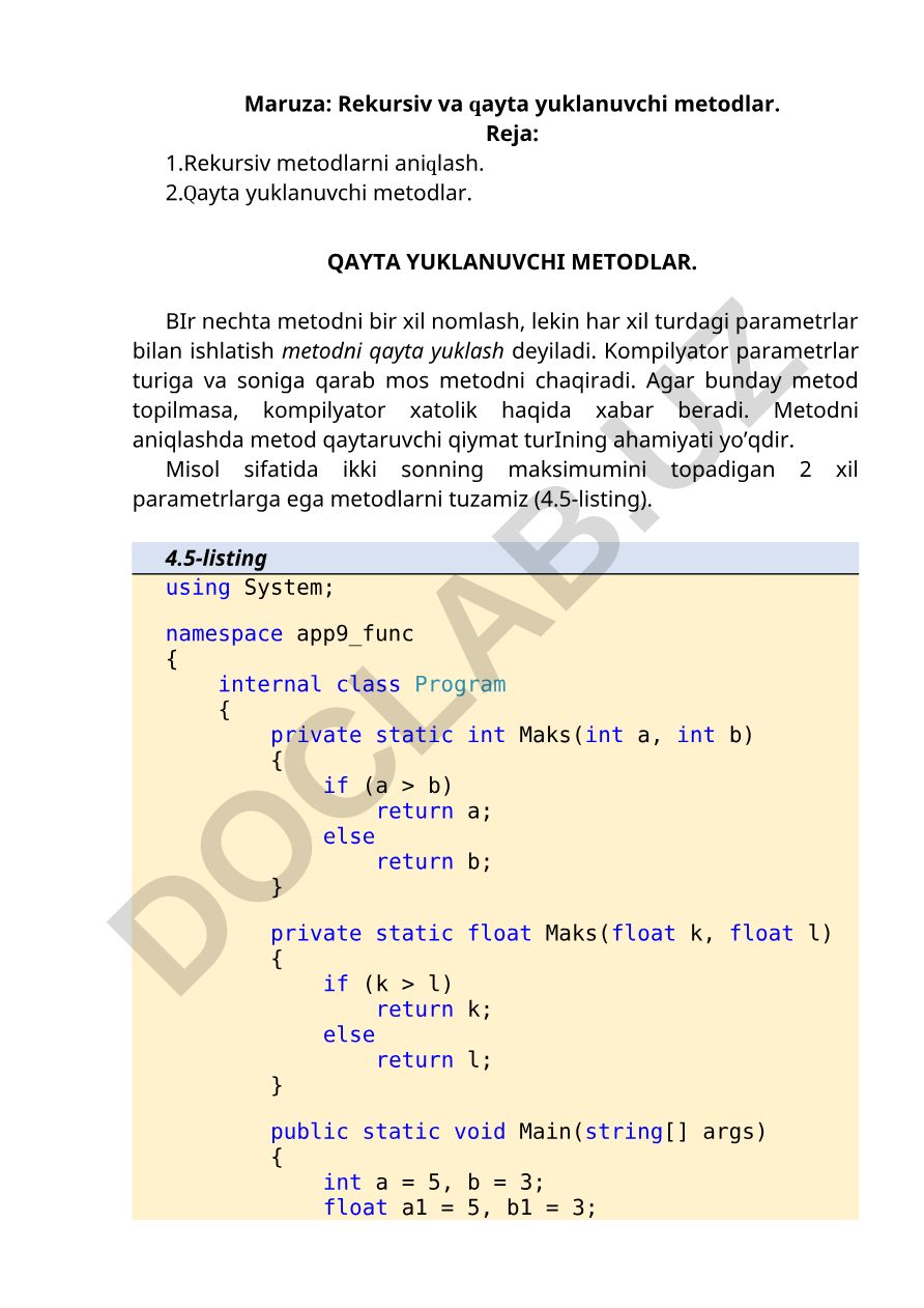 Rekursiv va qayta yuklanuvchi metodlar