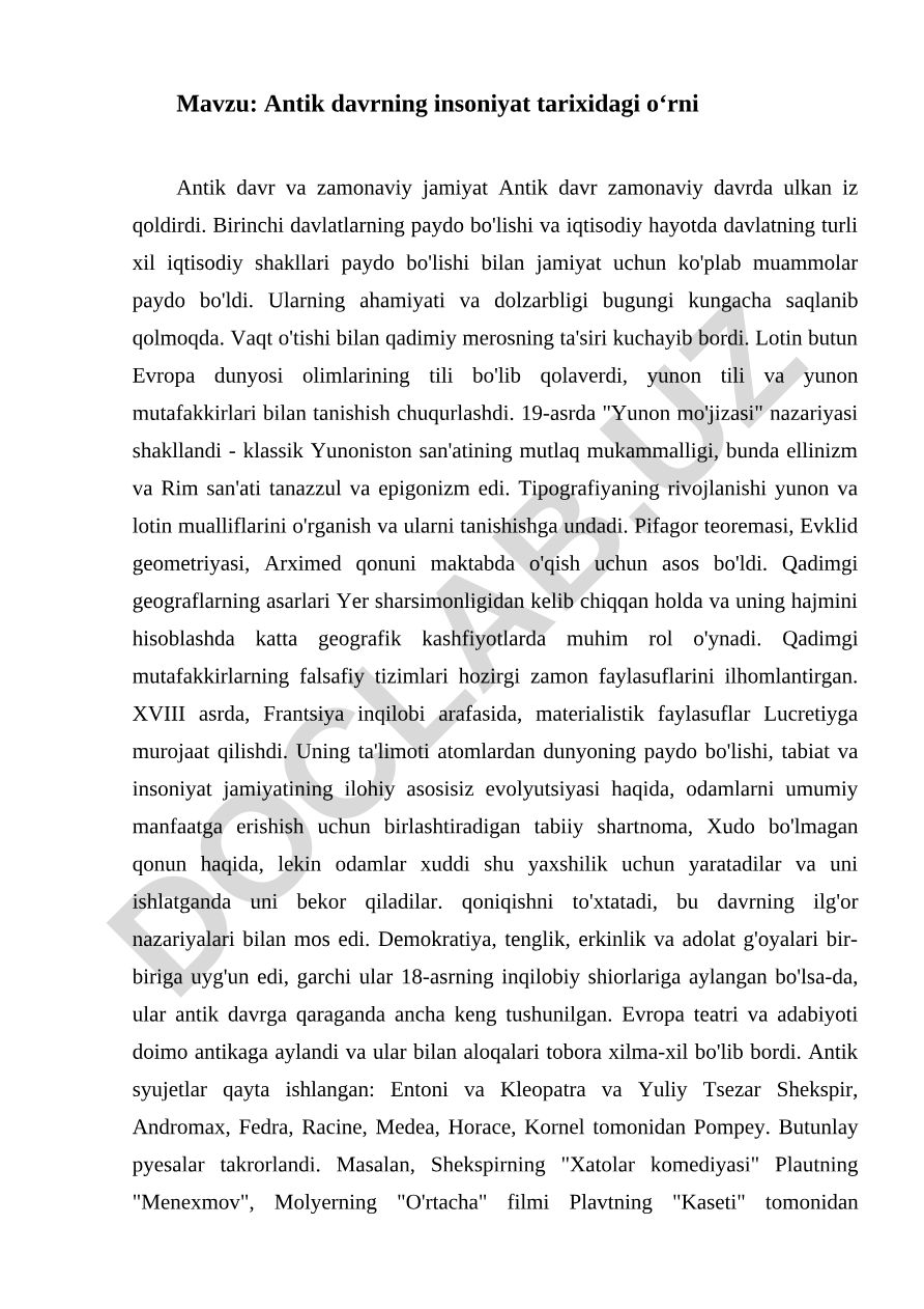 Antik davrning insoniyat tarixidagi o‘rni