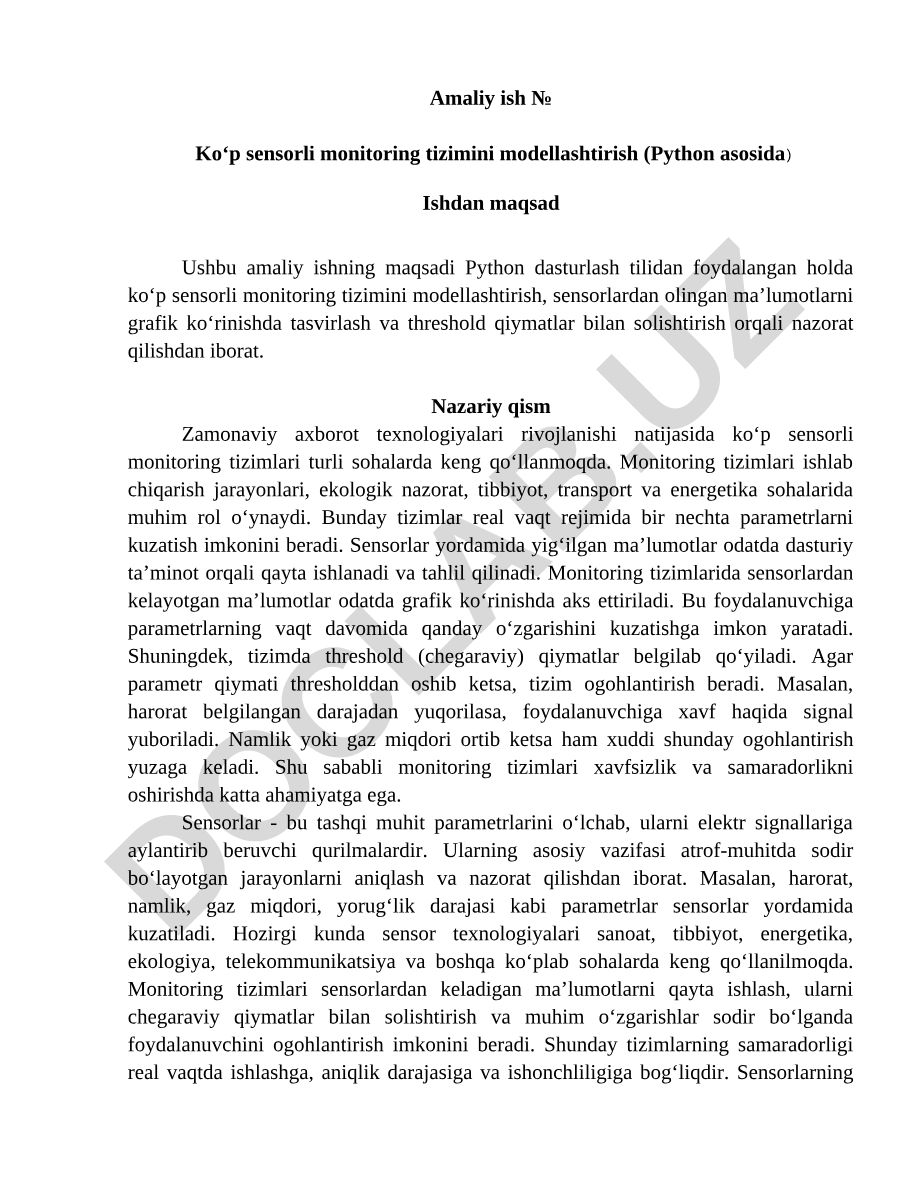 Ko‘p sensorli monitoring tizimini modellashtirish (Python asosida)