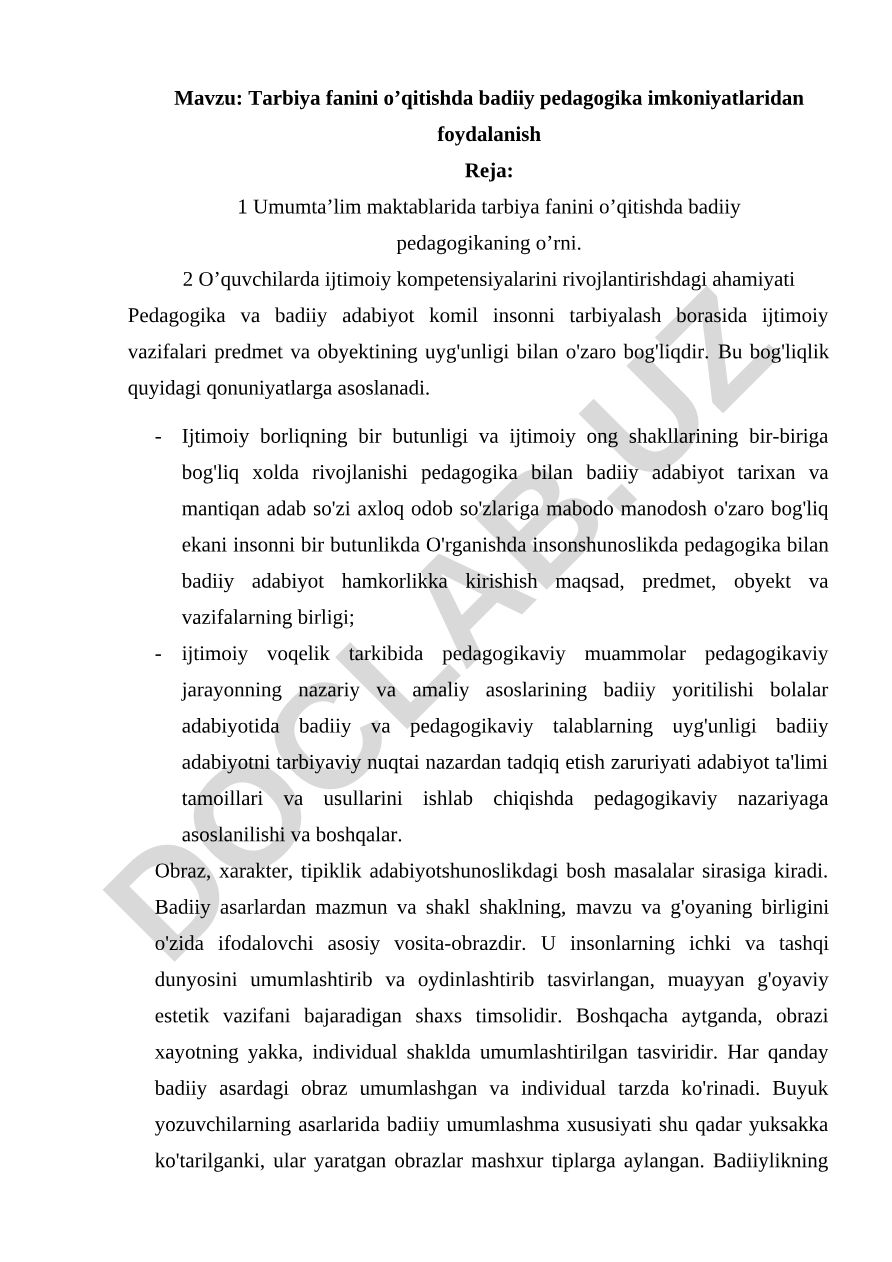Tarbiya fanini o’qitishda badiiy pedagogika imkoniyatlaridan foydalanish